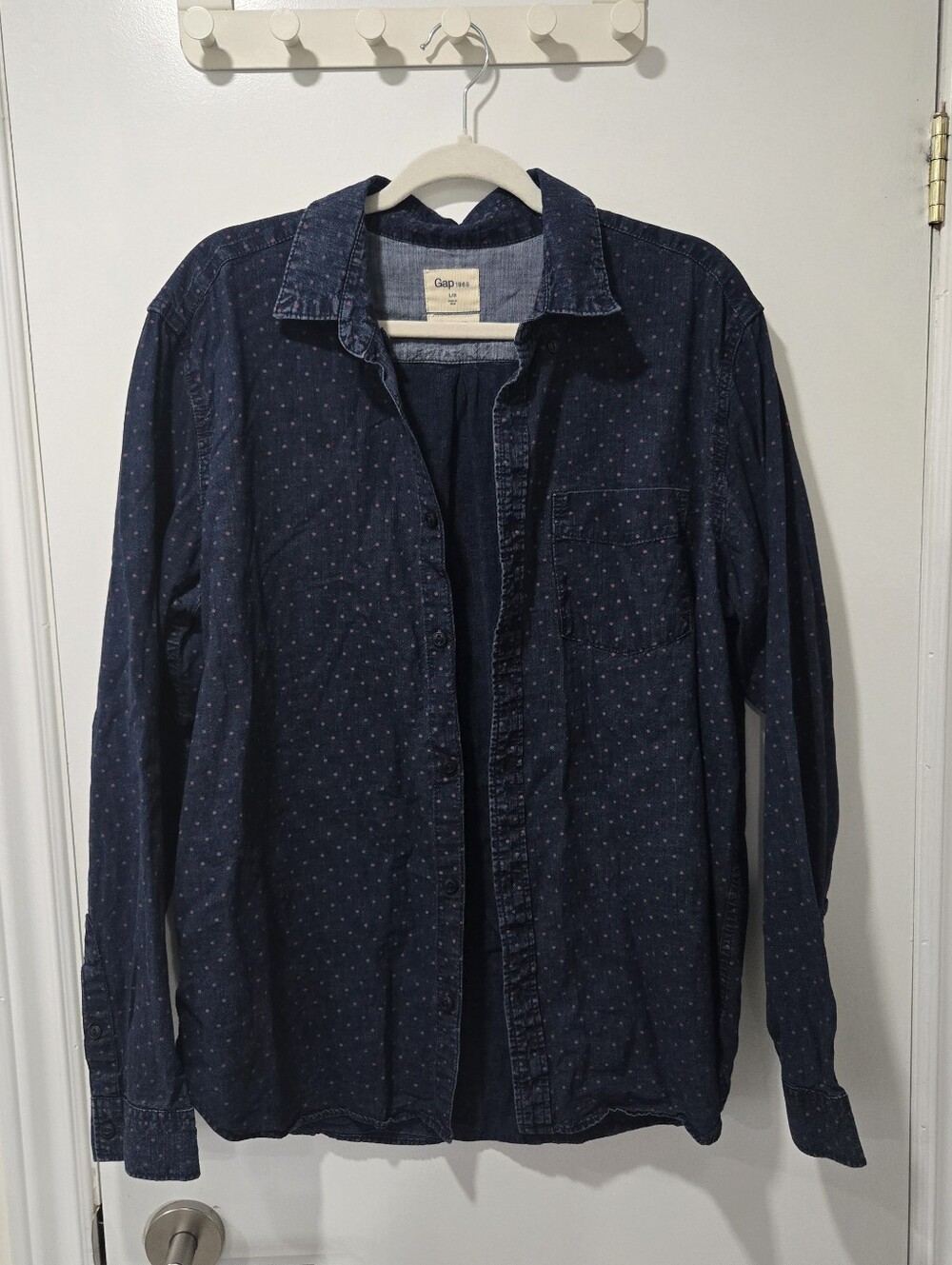 GAP Dark Wash Denim Shirt with Pink Polkadots